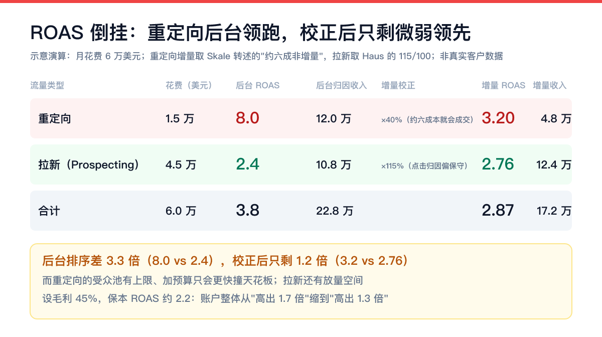 出海广告 ROAS 倒挂演算：重定向后台 ROAS 8.0 校正后增量 ROAS 3.2，拉新后台 2.4 校正后 2.76，预算排序差距从 3.3 倍缩到 1.2 倍